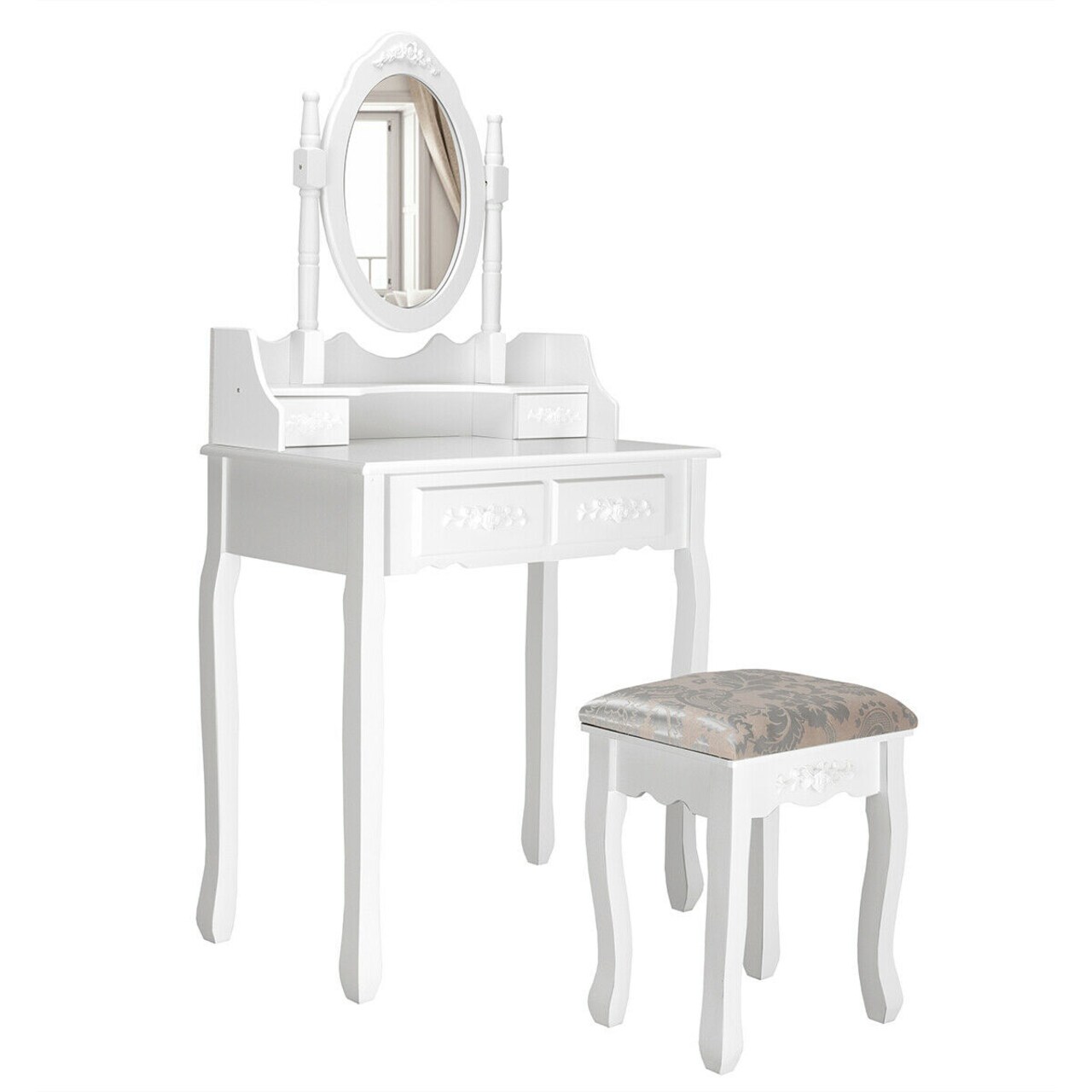 White Makeup Vanity Set with 4 Drawers, 360° Swivel Mirror, and Padded Stool